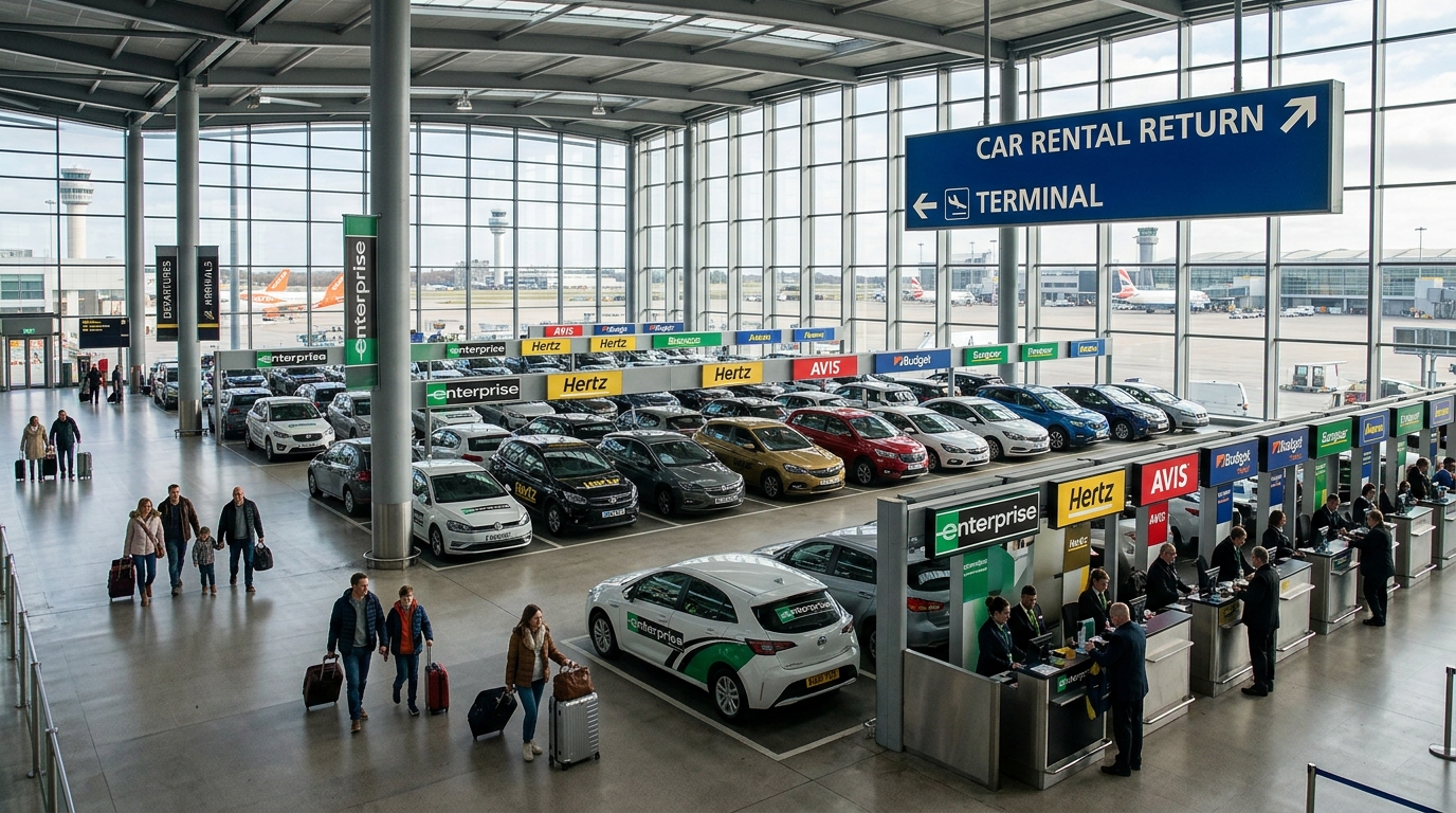 Modern UK airport car rental centre with multiple supplier vehicles including Enterprise, Hertz, Avis, Budget, Europcar and Alamo.