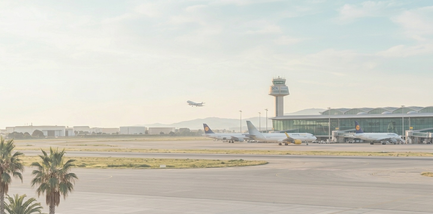 Barcelona El Prat Airport (BCN) with aircraft on the tarmac, palm trees, and control tower in warm morning light
