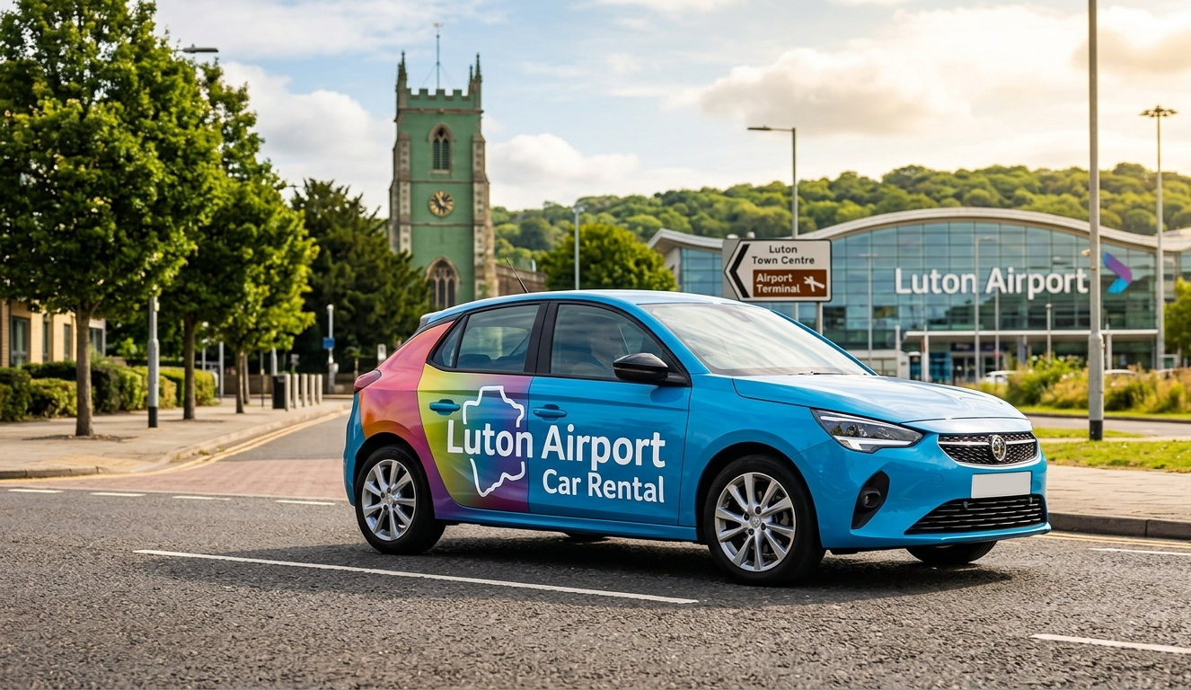 Car rental London Luton Airport with airport terminal and rental cars