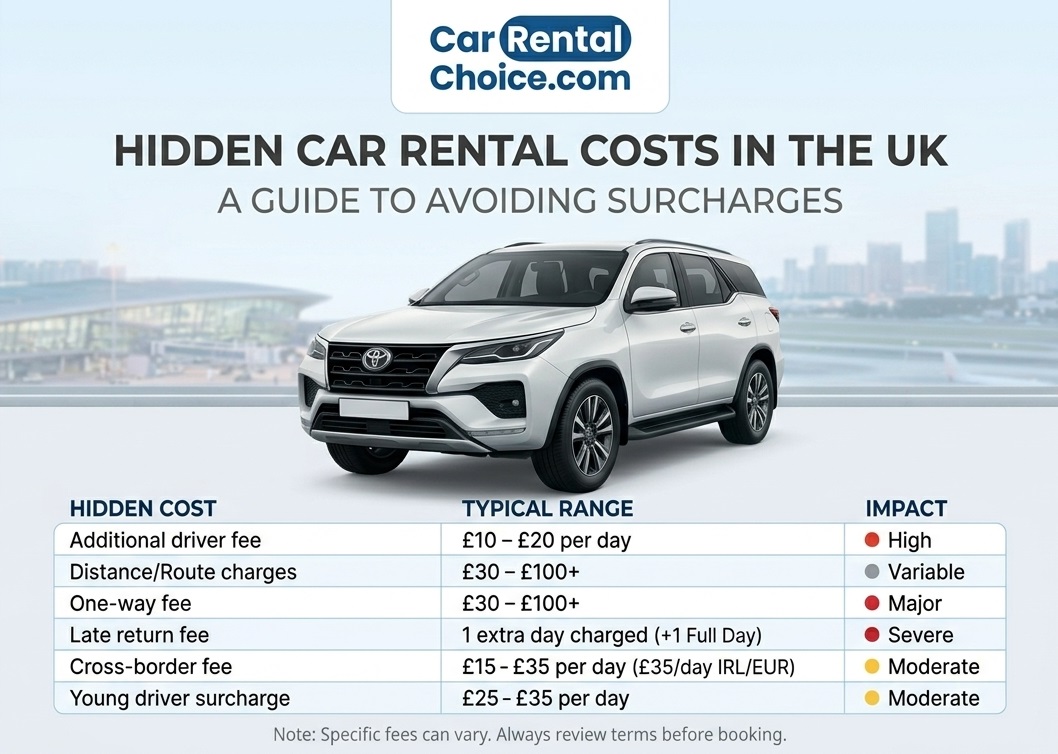 Hidden car rental costs UK. Driver fees £10 35 per day. One way drop off penalty £30 100. Late return penalty one full day charge. Cross border charges £15 35 per day for Ireland or Europe. Always check rental terms before booking.