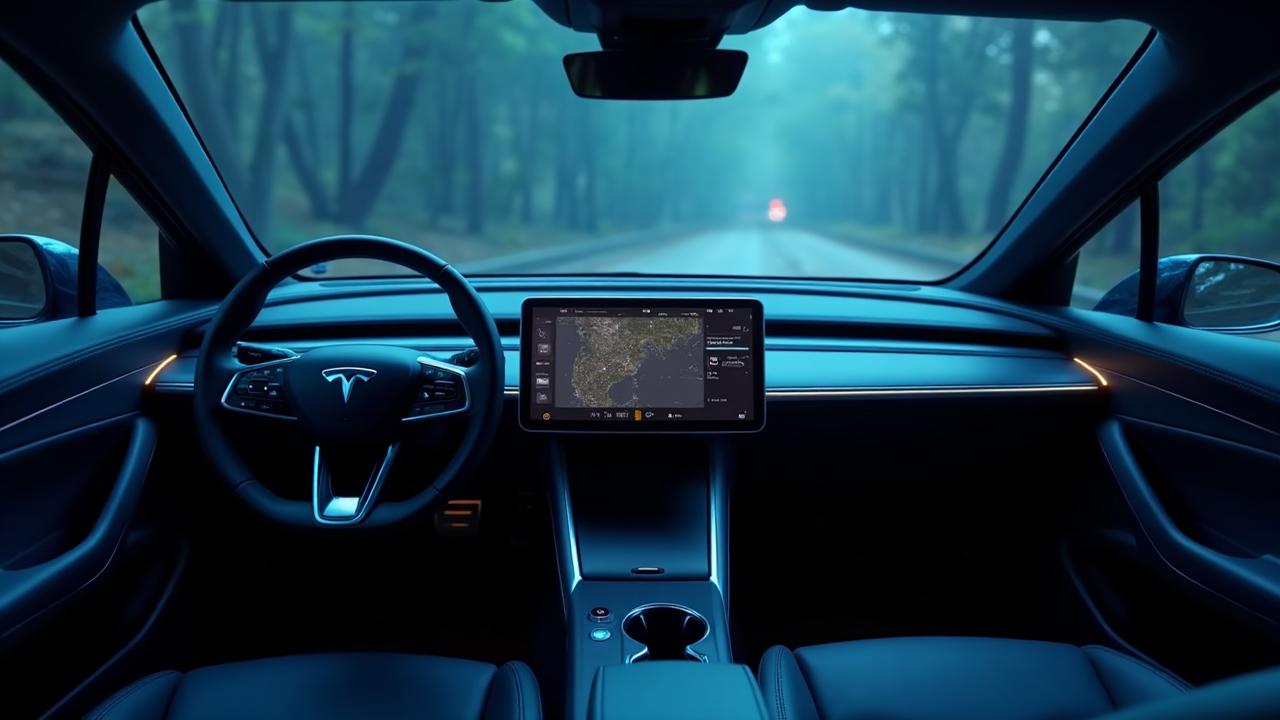Modern electric car interior with advanced dashboard and touchscreen display